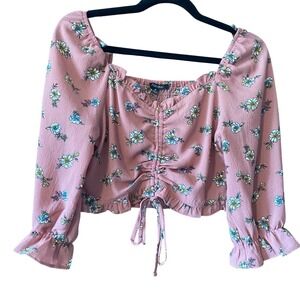 Papermoon Floral Crop Top Ruched Tie Front Long‎ Sleeve Blouse Size L